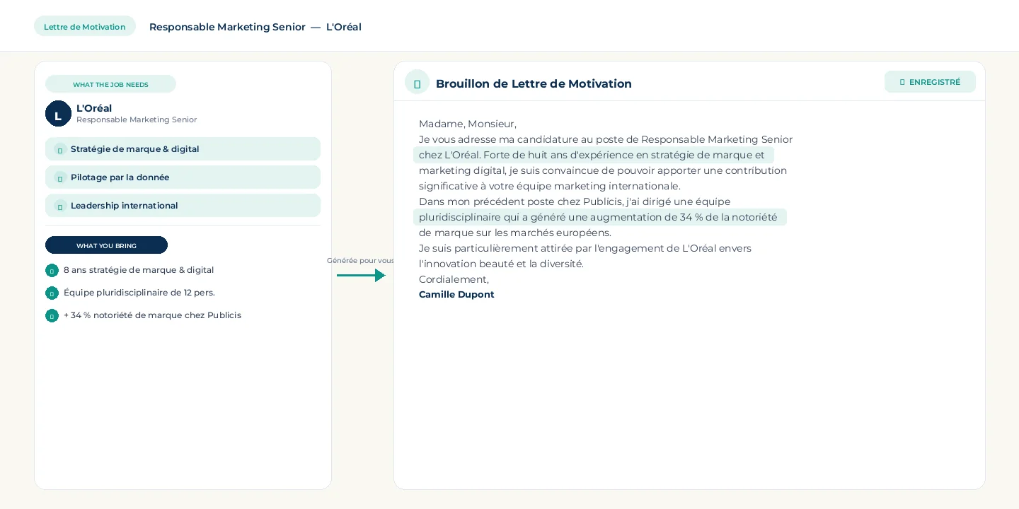 Générateur de lettre de motivation produisant une lettre personnalisée adaptée à l'offre d'emploi