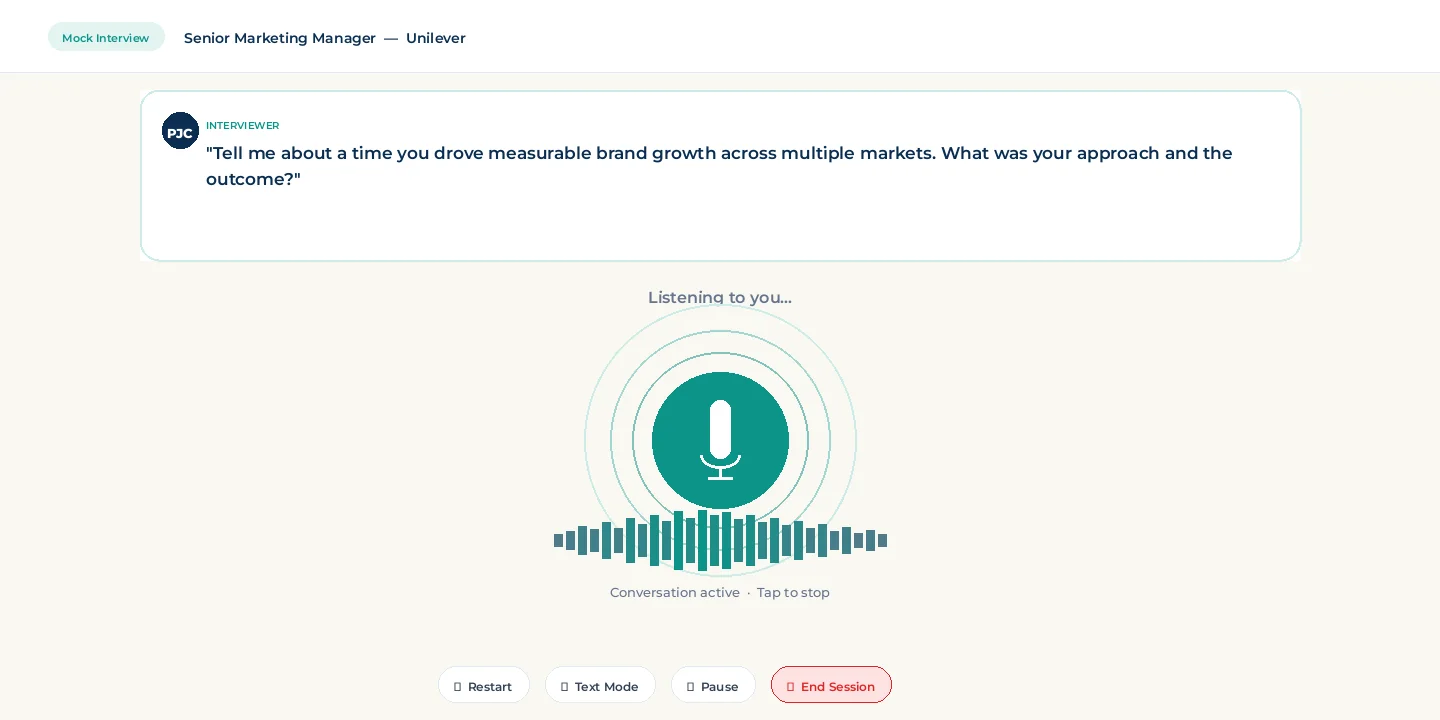 Personal Job Coach mock interview session with AI-generated questions and spoken answer feedback