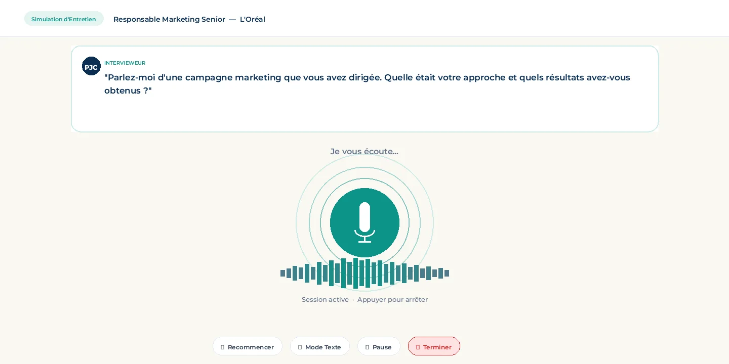 Simulation d'entretien Personal Job Coach avec questions générées par IA et retour vocal